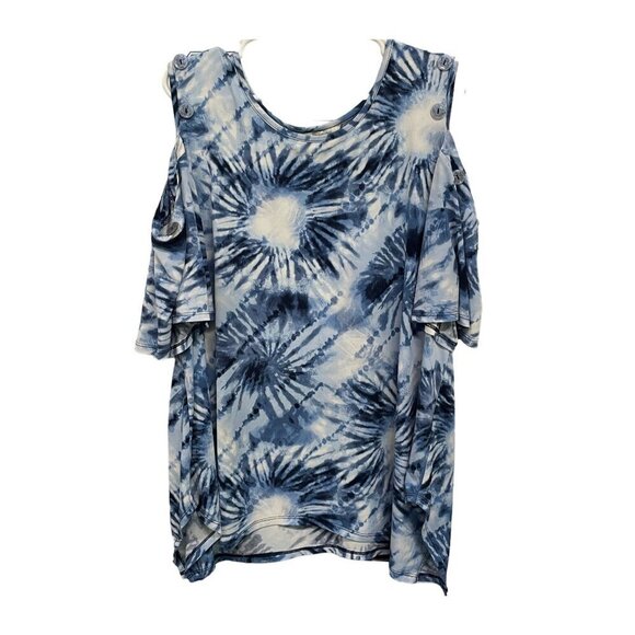 CATO Plus Size Tie-Dye Cold Shoulder Top  22/24W Blue White - Picture 1 of 8